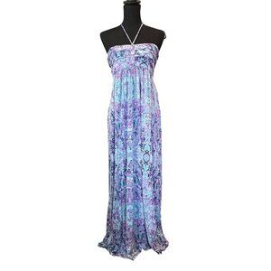 Patterned halter empire waist maxi dress sleeveless watercolor Large stretch